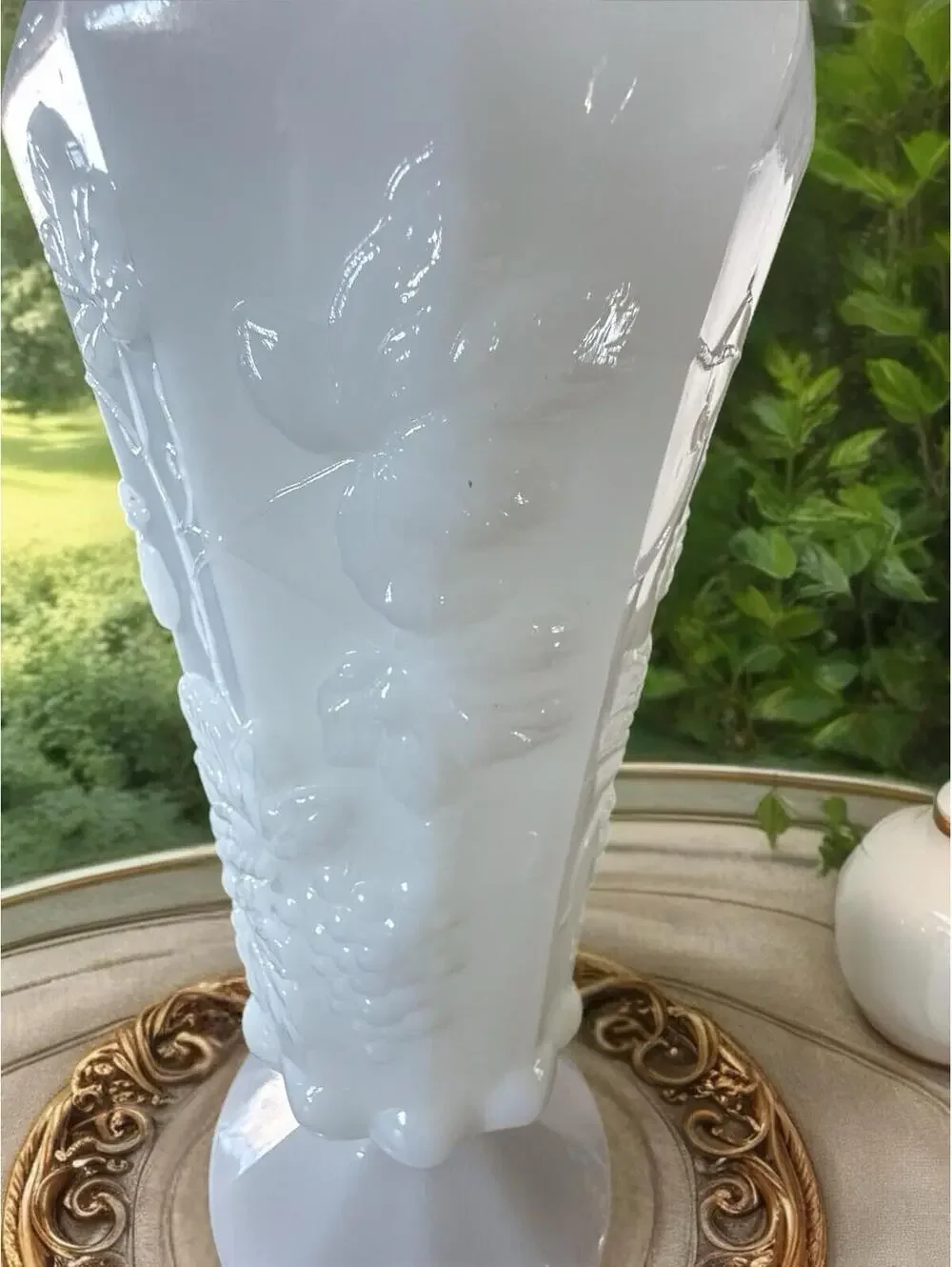 Vtg Pedestal Scalloped Edge Milk Glass Paneled Vase Grapes Motif, 10” Tall